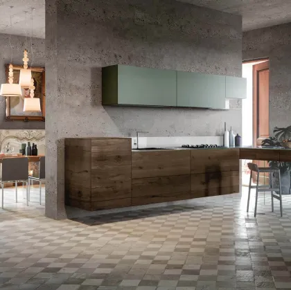 Cucina Design sospesa con penisola 36e8 Wildwood 0326 in legno di Rovere con top e pensili in vetro laccato di Lago