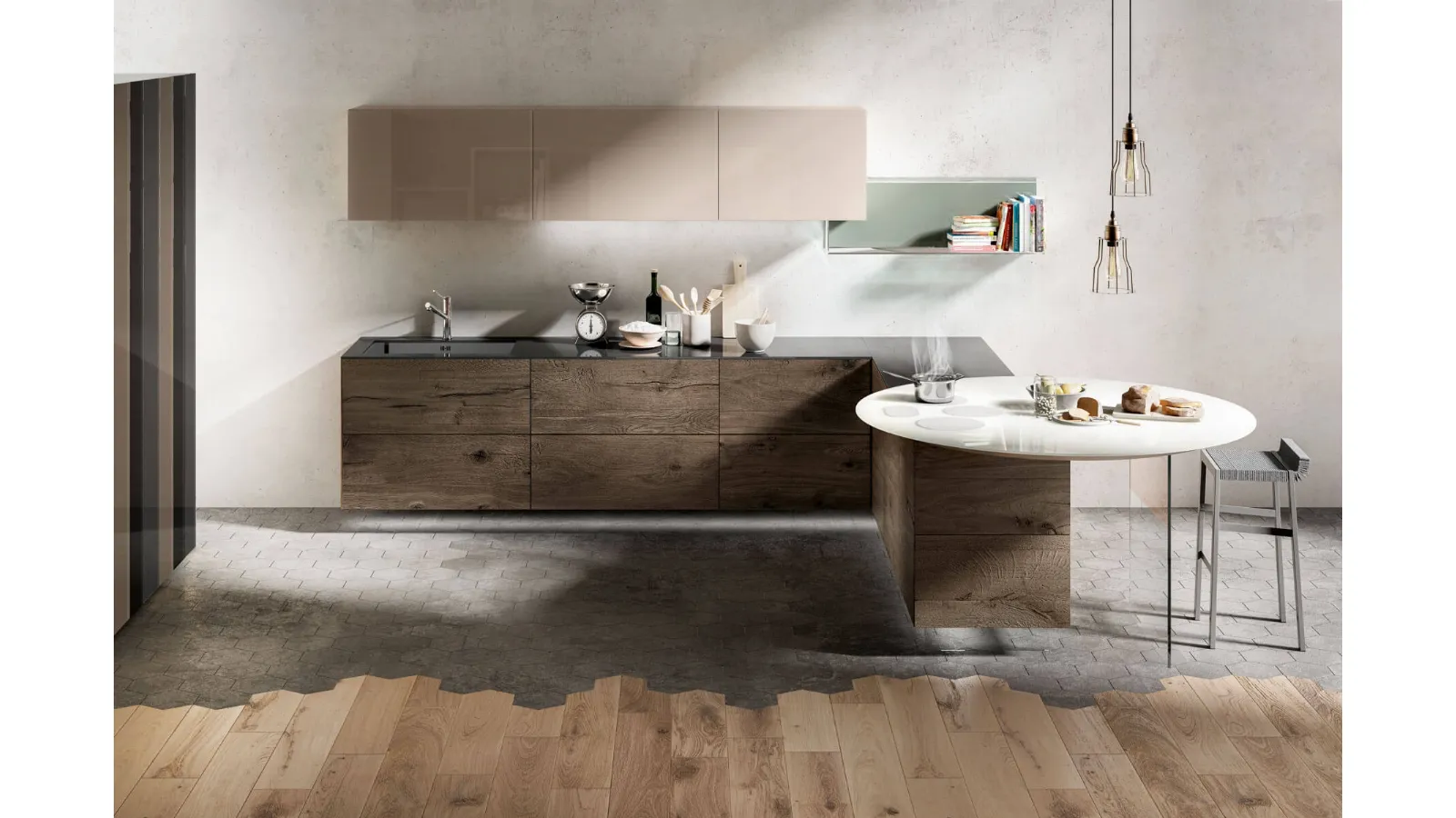 Cucina Design a isola con fuochi integrati nel piano rotondo in vetro Air Bianco lucido di Lago