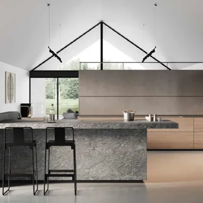 Cucina Design con penisola Artematica Noce Tattile con New Logica in Acciaio di Valcucine