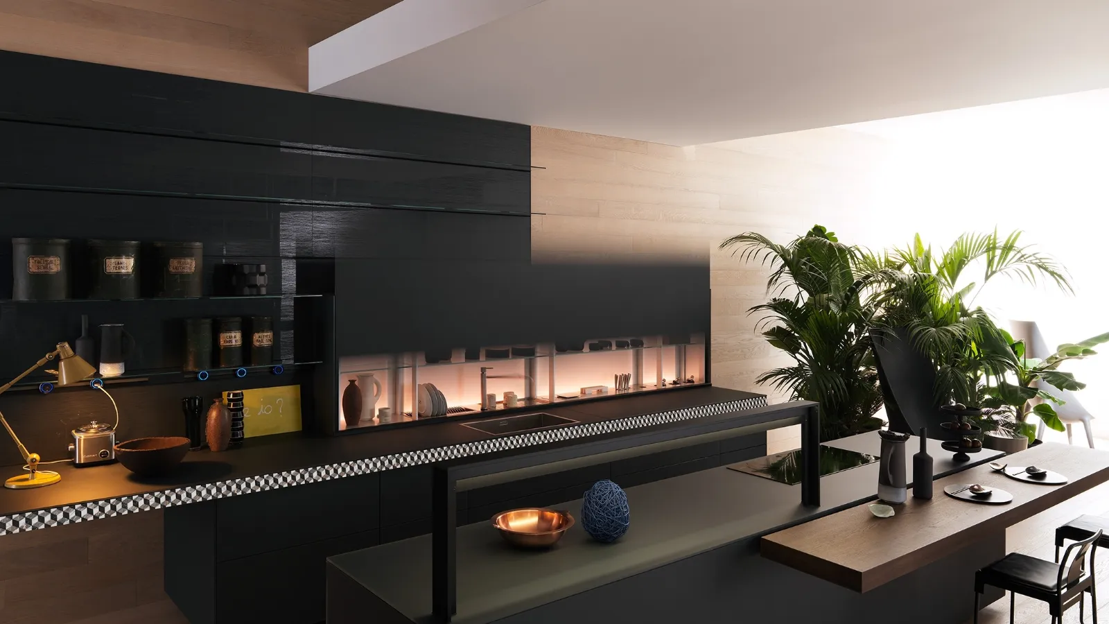 Cucina Design Genius Loci Vitrum opaco ardesia con cassetto a mosaico di Valcucine