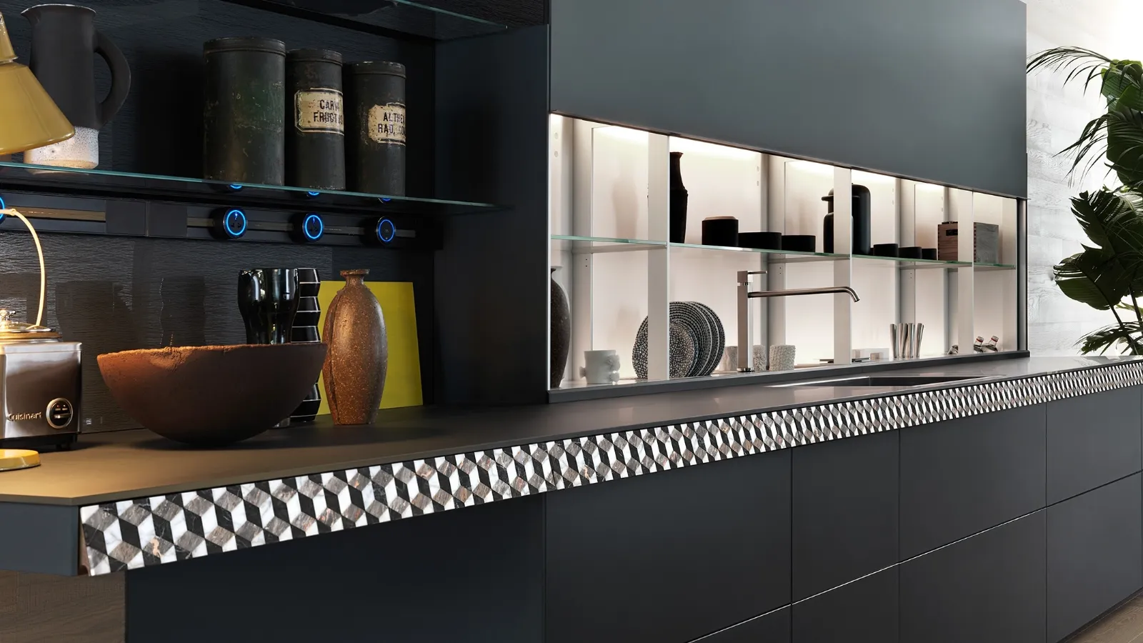 Cucina Design con isola Genius Loci Vitrum opaco ardesia con cassetto a mosaico di Valcucine