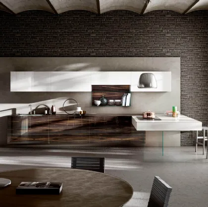Cucina Design 36e8 Wood XGlass finitura Ebano Macassar con penisola e pensili in vetro laccato Bianco di Lago