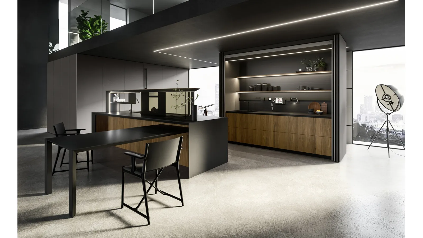 Cucina Design con isola Nautila 04 in Noce Canaletto con top in gres nero natural di Arrital