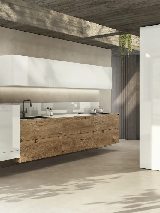 Cucina Design con isola Ak Project 03 finitura Skintech texture MAYA e laccato di Arrital