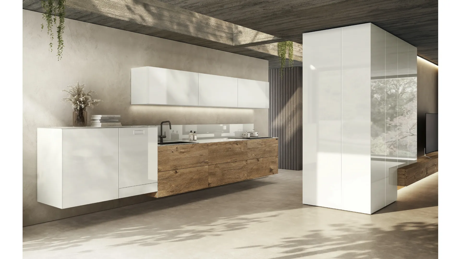 Cucina Design con isola Ak Project 03 finitura Skintech texture MAYA e laccato di Arrital