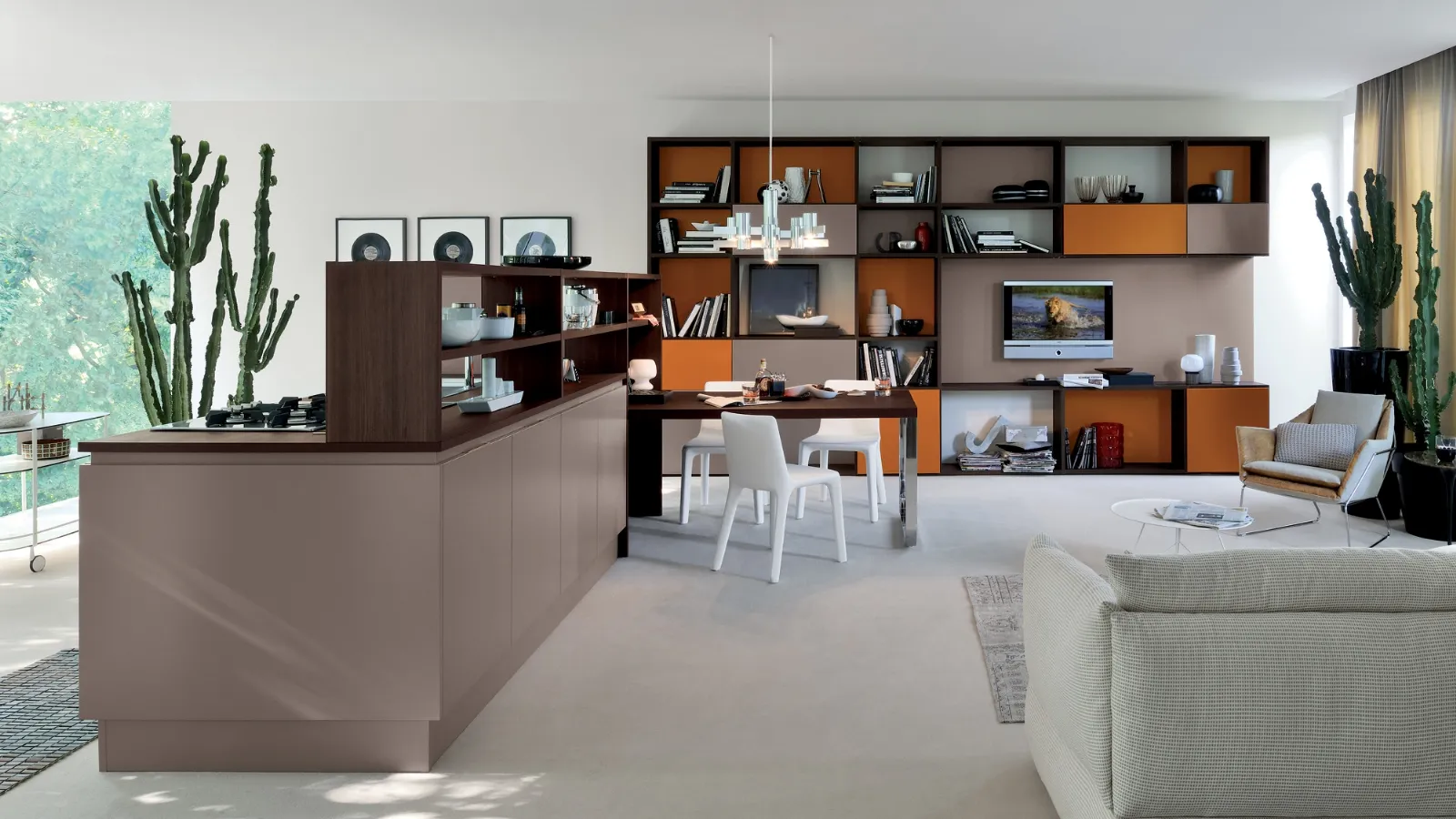 Cucina Moderna con isola Extra Go in laccato Marrone Visone e Rovere Botte di Veneta Cucine