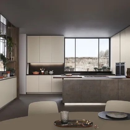 Cucina Moderna Lounge con penisola in laccato Grigio Corda e Noce Nodoso di Veneta Cucine