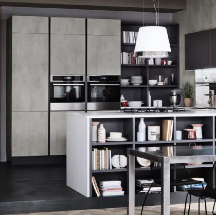 Cucina Moderna Oyster con penisola in finitura Beton Grigio Dek e Ardesia di Veneta Cucine
