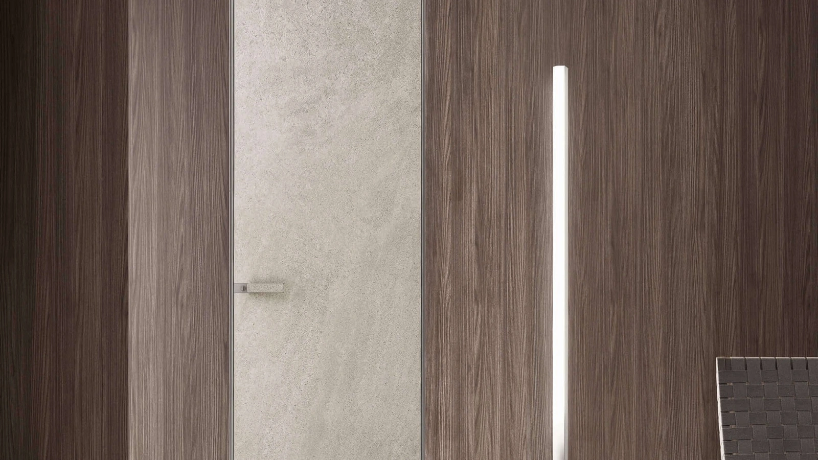 Porta a filo muro per interni Moon in finitura gres crema con struttura in alluminio finitura Platino di Rimadesio