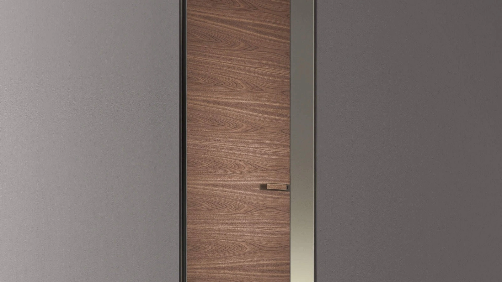 Porta a filo muro per interni Moon in Noce con struttura in metallo finitura Peltro di Rimadesio