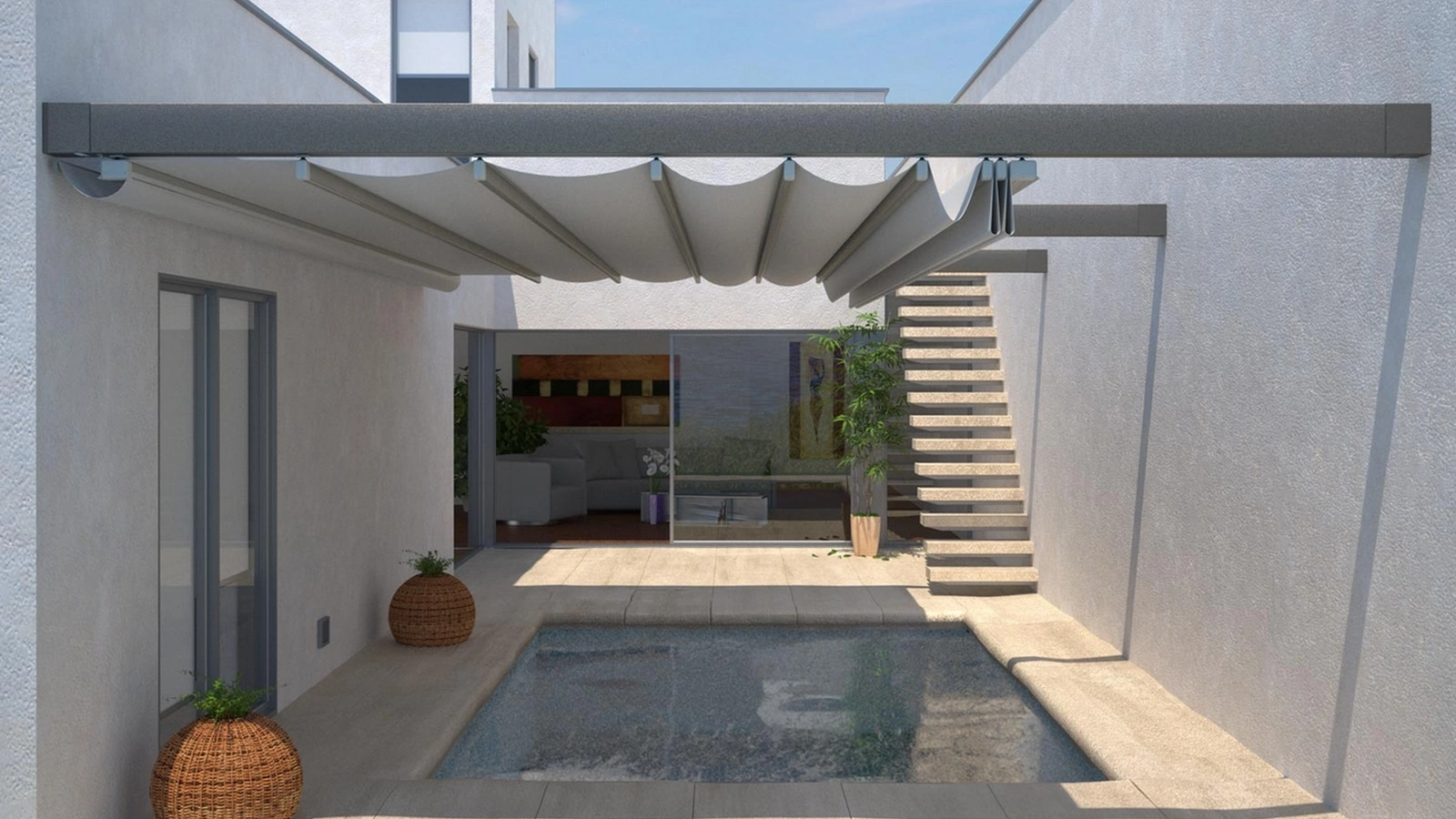 Pergola con copertura One scorrevole ad impacchettamento con tessuto impermeabile e oscurante di Pratic