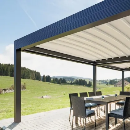 Pergola a 90 gradi con copertura impacchettabile Zenit di Gibus